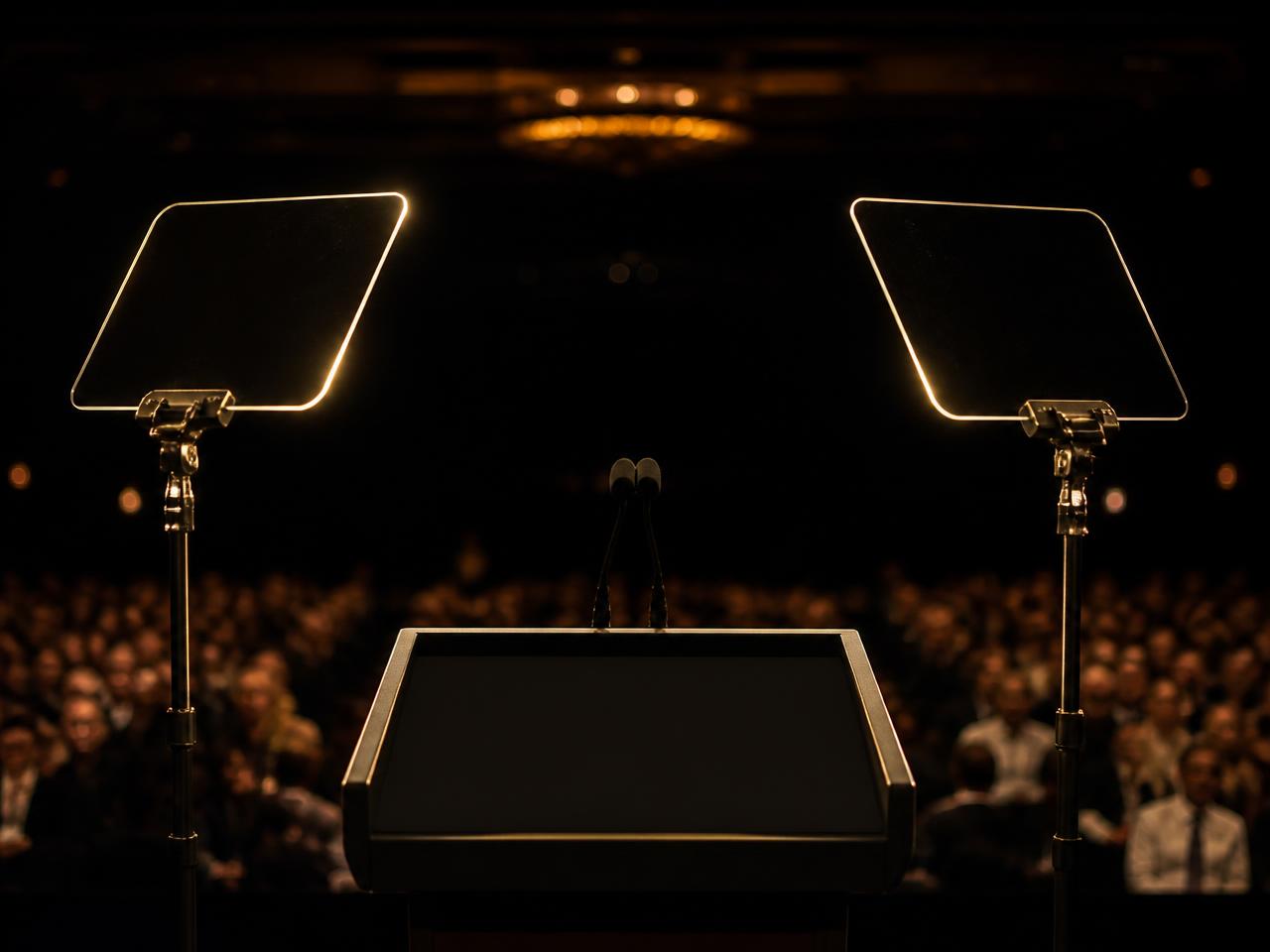 Teleprompter Presidenziale in uso durante una produzione professionale