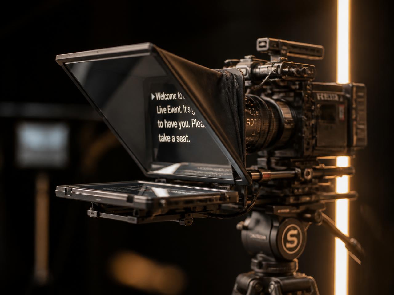 Telecamera con teleprompter a vetro che riflette il testo davanti all'obiettivo